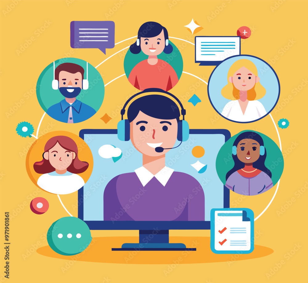 Online customer service, representative assisting via chat, flat design illustration,a receptionist with headphones with microphone in front of a Laptop in an office working with minimalist background Online customer service, representative assisting via chat, flat design illustration,a receptionist with headphones with microphone in front of a Laptop in an office working with minimalist background