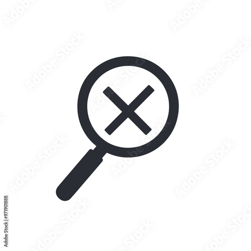 A clear and minimalistic icon features a magnifying glass with a prominent 'X' inside, symbolizing a negation or cancellation of a search result