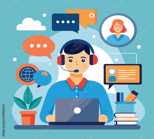 Online customer service, representative assisting via chat, flat design illustration,a receptionist with headphones with microphone in front of a Laptop in an office working with minimalist background