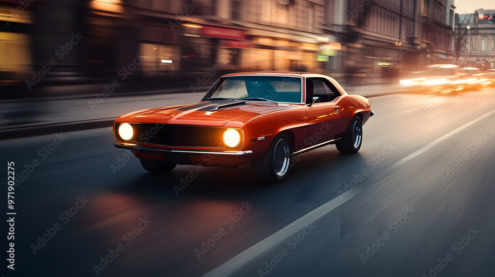 A restored 1960s American muscle car driving down a city street at dusk with the headlights illuminating the road. A restored 1960s American muscle car driving down a city street at dusk with the headlights illuminating the road.