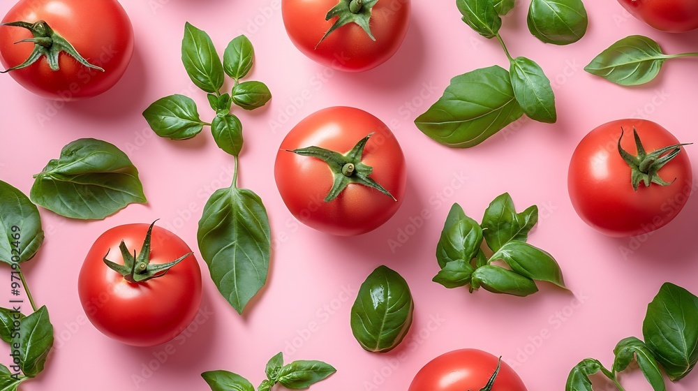 Creative layout made of tomato and leaves on pink and white background Flat lay Food concept : Generative AI Creative layout made of tomato and leaves on pink and white background Flat lay Food concept : Generative AI