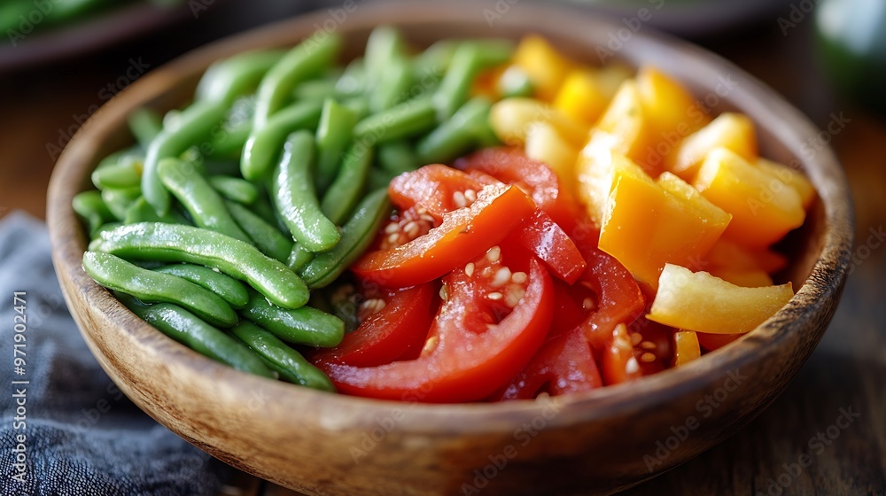 Tasty raw vegetable salad with bell pepper tomato avocado and runner beans or green bean Vegetarian dish Flat lay Top view : Generative AI Tasty raw vegetable salad with bell pepper tomato avocado and runner beans or green bean Vegetarian dish Flat lay Top view : Generative AI