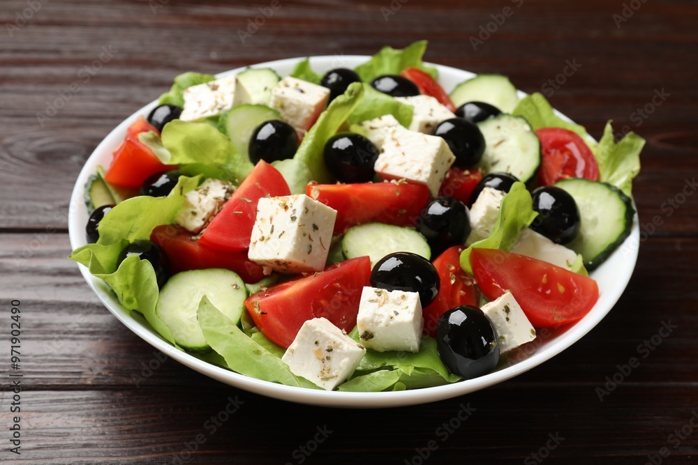 Delicious salad with feta cheese on wooden table, closeup Delicious salad with feta cheese on wooden table, closeup
