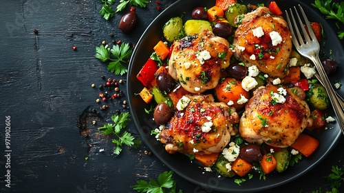 baked boneless chicken thighs with mixed vegetables olives and cubed feta cheese on black plate on black wooden table with ingredients and fork horizontal view from above flat lay : Generative AI photo