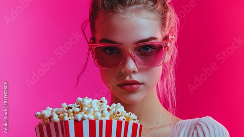 Portrait of young emotive girl posing in 3D glasses with popcorn basket over pink background in neon light Concept of youth beauty fashion lifestyle emotions facial expression Ad : Generative AI photo