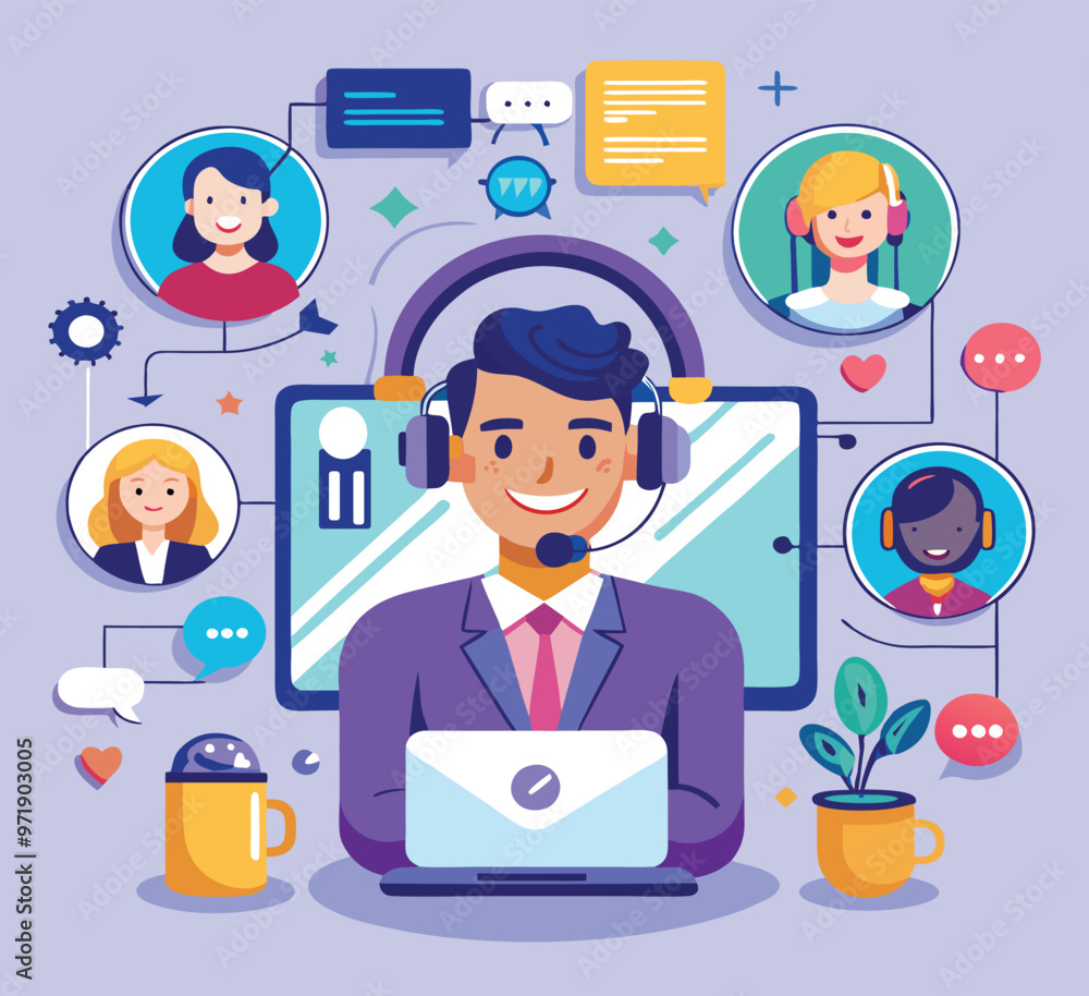 Online customer service, representative assisting via chat, flat design illustration Online customer service, representative assisting via chat, flat design illustration