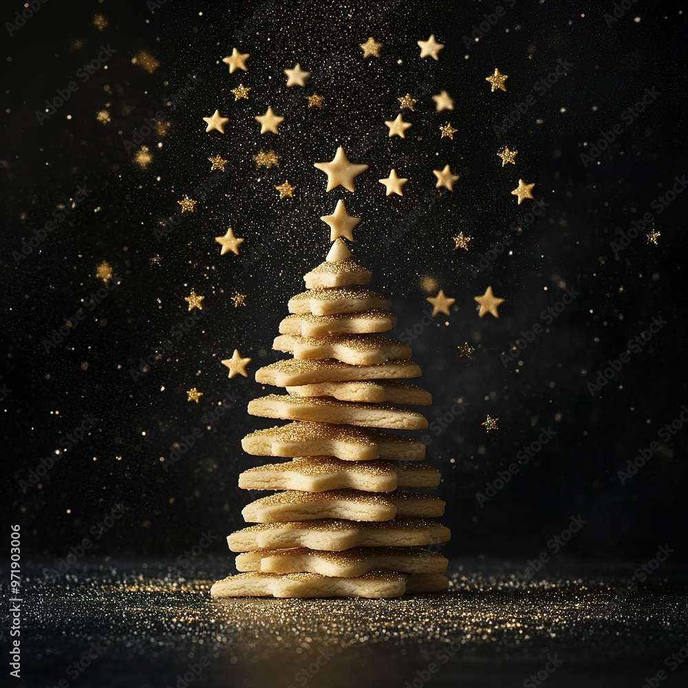 Obraz premium Magical scene where a rain of star-shaped cookies gently falls. Each cookie is small and golden, with crisp edges and a touch of shiny sugar that catches the light. Dancing in the air concept