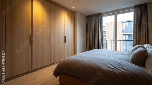 Bedroom with fitted wardrobes with sliding doors and normal doors in light oak wood and floors of the same material : Generative AI