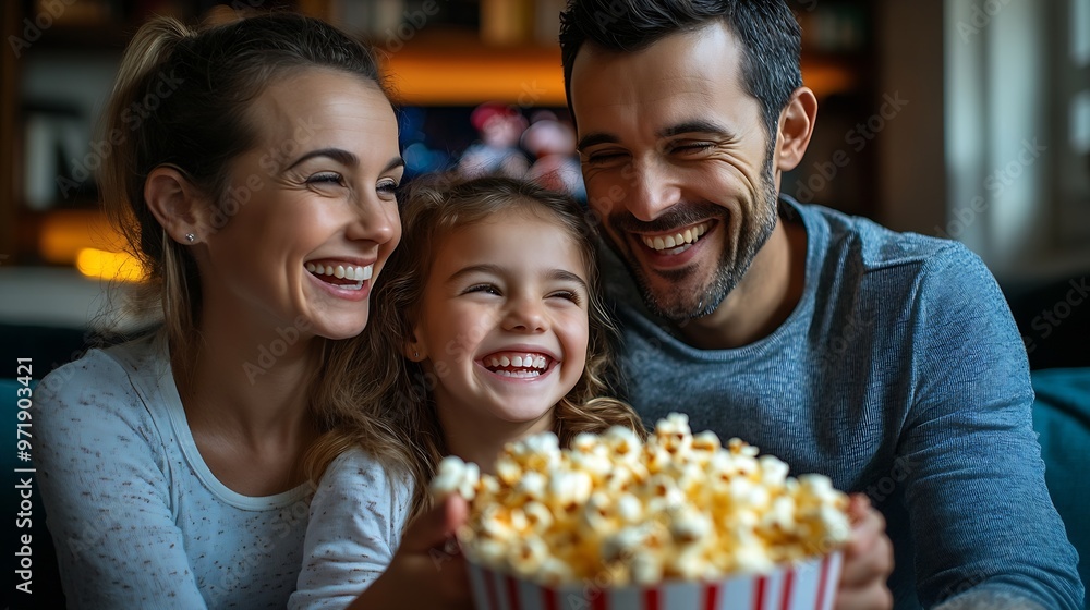 Family mom dad and daughter holding a popcorn pot and laughing while watching a TV : Generative AI Family mom dad and daughter holding a popcorn pot and laughing while watching a TV : Generative AI
