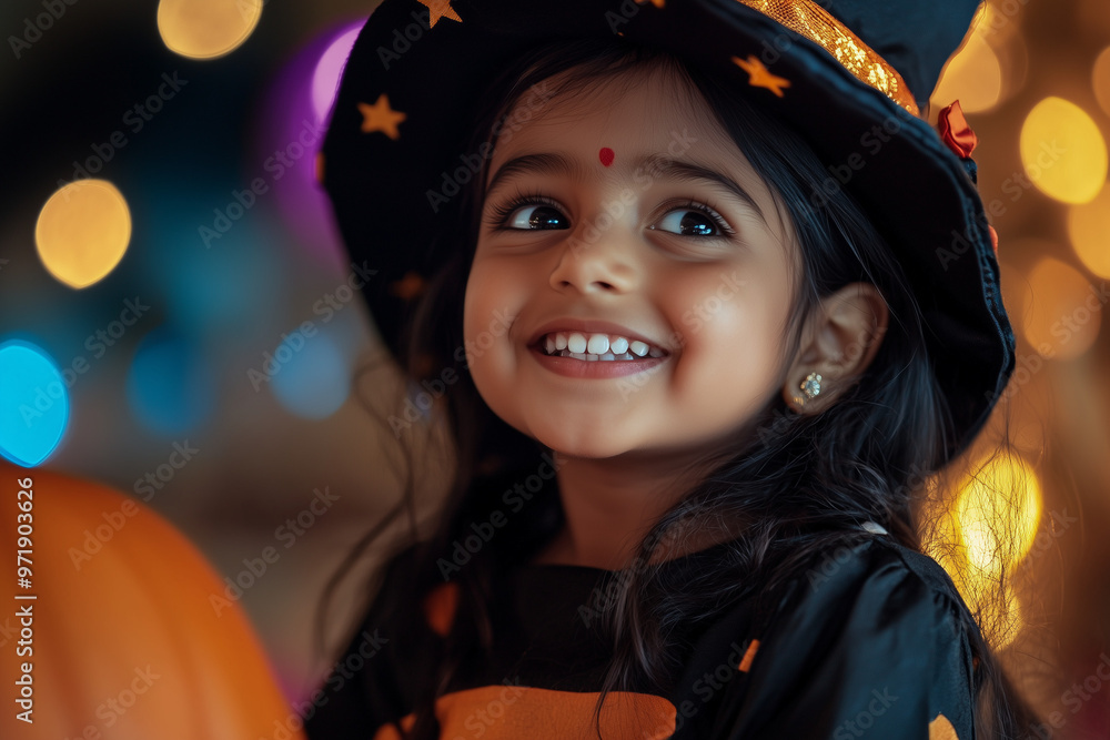 Little Indian Girl Wearing Halloween Costume Ready to Trick-or-Treat Little Indian Girl Wearing Halloween Costume Ready to Trick-or-Treat