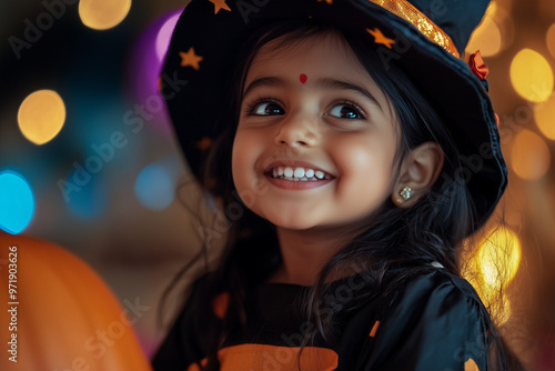 Little Indian Girl Wearing Halloween Costume Ready to Trick-or-Treat