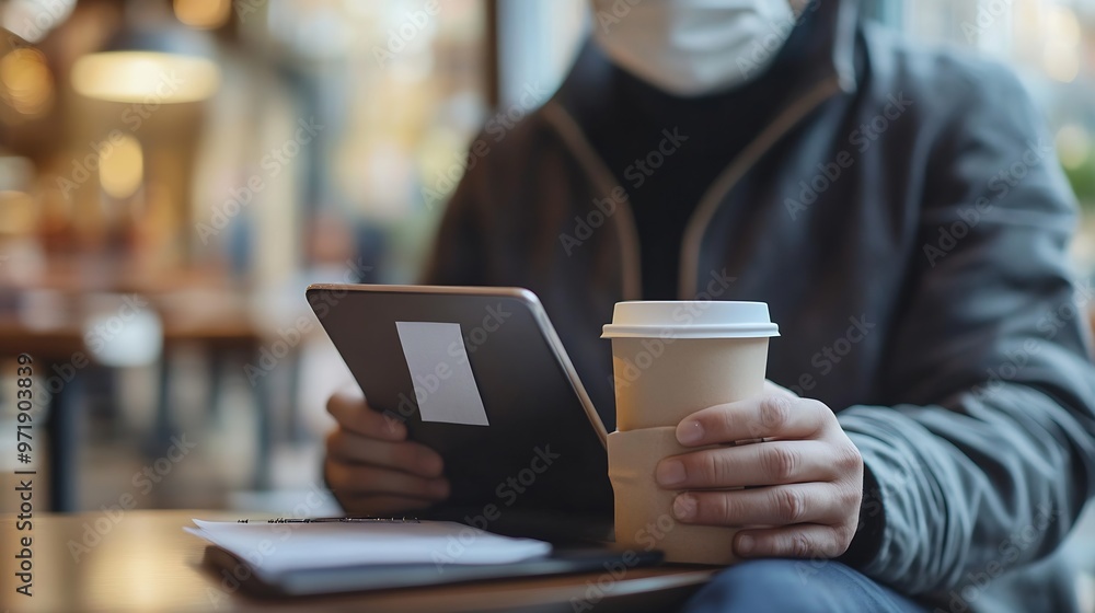 businessman using mobile tablet with hot coffee cup on desk sitting with paper sign on seat and keep distance to protect infection coronavirus covid19 in cafe restaurant social distanc : Generative AI businessman using mobile tablet with hot coffee cup on desk sitting with paper sign on seat and keep distance to protect infection coronavirus covid19 in cafe restaurant social distanc : Generative AI