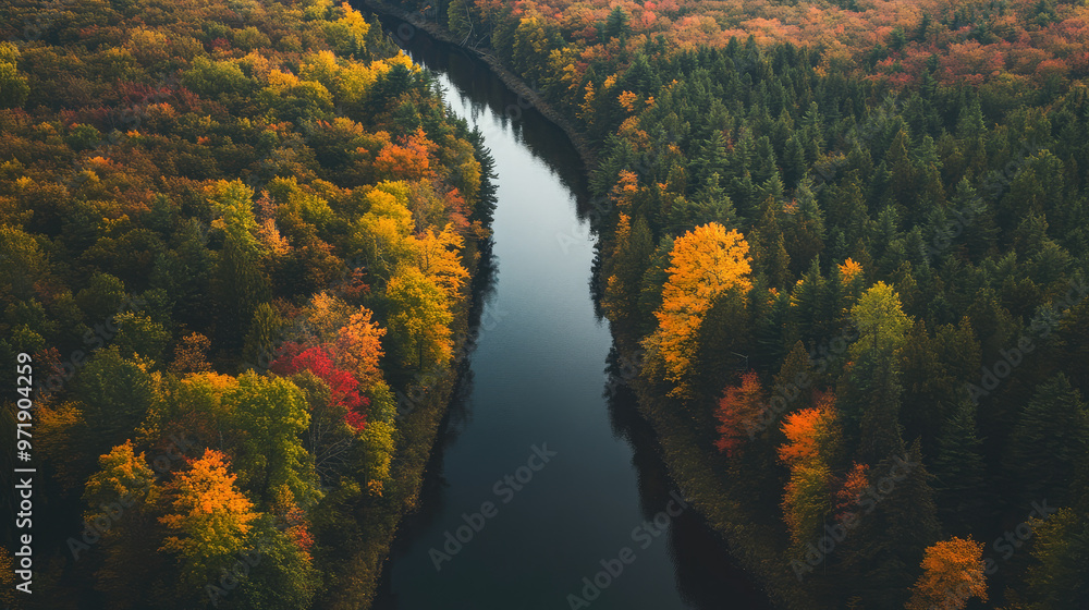 A river with trees on both sides and a beautiful autumn scene A river with trees on both sides and a beautiful autumn scene