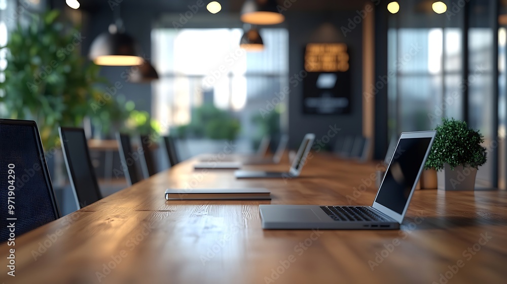 Empty conference room with laptops on table : Generative AI Empty conference room with laptops on table : Generative AI