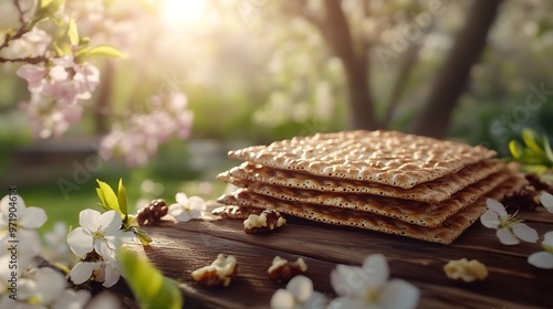 Passover celebration concept Matzah red kosher and walnut on wooden vintage table table in front of spring blossom tree garden and flowers landscape with sun rays with copy space Mock  : Generative AI photo