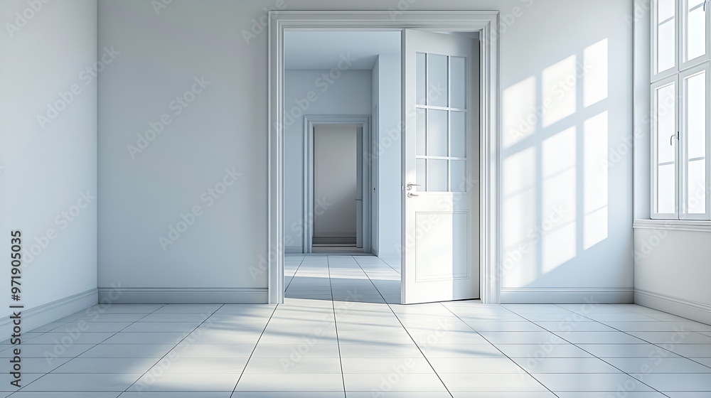 an empty room with white tile flooring and large open door leading to the bathroom area in this apartment building : Generative AI an empty room with white tile flooring and large open door leading to the bathroom area in this apartment building : Generative AI