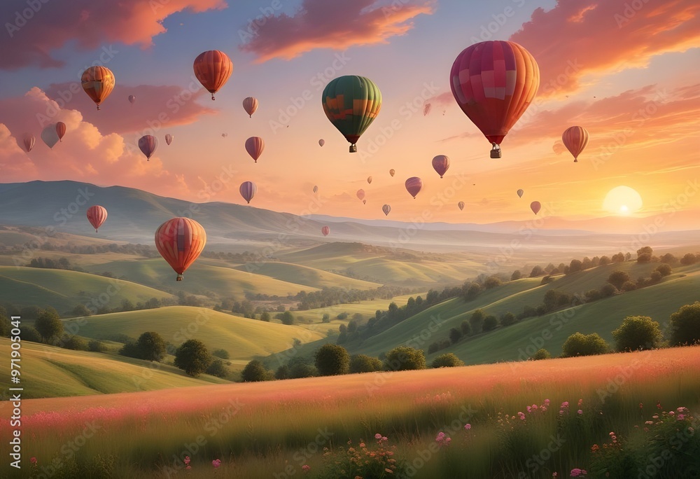 Obraz premium rolling hills and a vibrant sunset sky with hot air balloons floating above