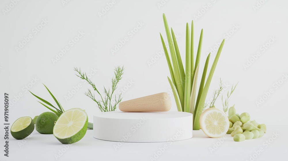 A photo of an empty podium 3D surrounded by fresh lemongrass and tamarind pulp-infused skincare products, isolated on a soft white background A photo of an empty podium 3D surrounded by fresh lemongrass and tamarind pulp-infused skincare products, isolated on a soft white background