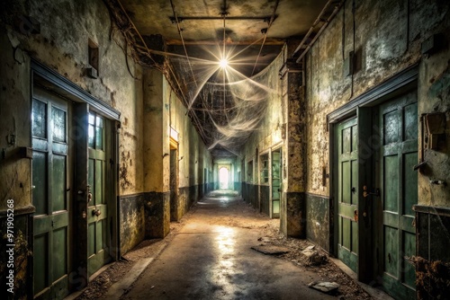 Ominous, dimly-lit abandoned asylum corridor with peeling wallpaper, cobweb-covered doors, and flickering fluorescent lights casting eerie shadows, evoking a sense of foreboding and unease. photo