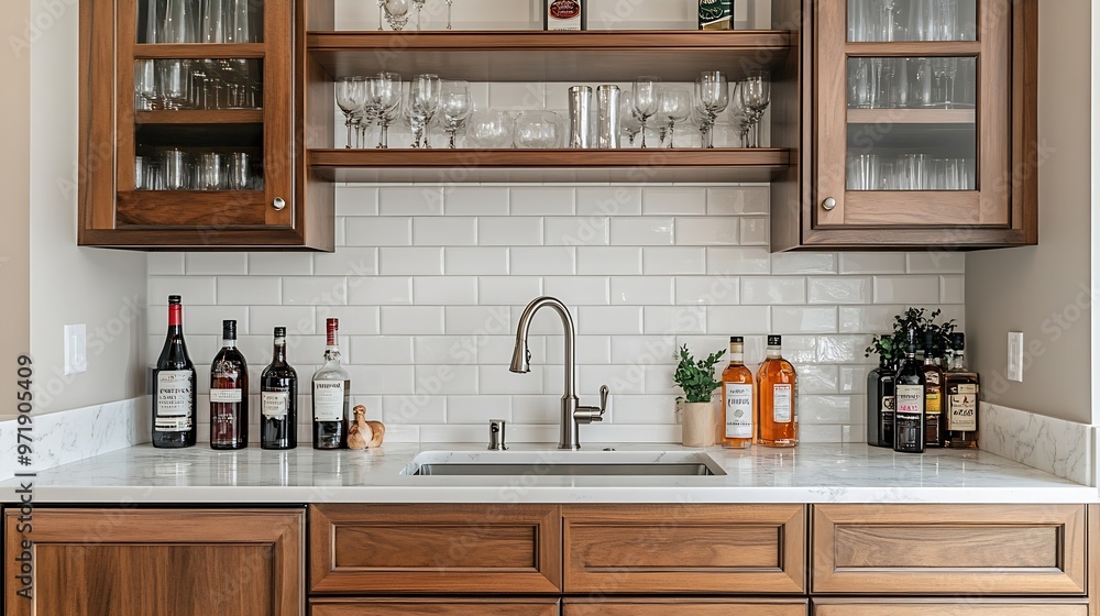 A wet bar with wood cabinets marble subway tile backsplash chrome faucet and white marble countertop : Generative AI A wet bar with wood cabinets marble subway tile backsplash chrome faucet and white marble countertop : Generative AI