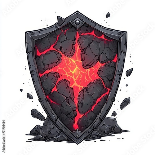 A cursed knight s shield with glowing dark energy, dark fantasy object, handdrawn, black and red, isolated on white background photo