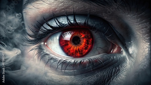 Ominous eyeball with glowing red iris and black pupil stares menacingly against a dark, misty background, evoking an unsettling sense of foreboding and unease.