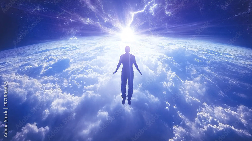 meditating, Yoga meditation outdoors. Glowing seven all chakra. person sits in a Salute pose, Kundalini energy.
meditating, Yoga meditation outdoors. Glowing seven all chakra. person sits in a Salute pose, Kundalini energy.