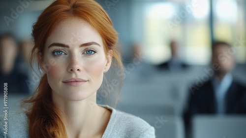 Free Download A redhaired Caucasian businesswoman sits in the front row of an empty conference room Bearded man giving a lecture : Generative AI - GFXLoad