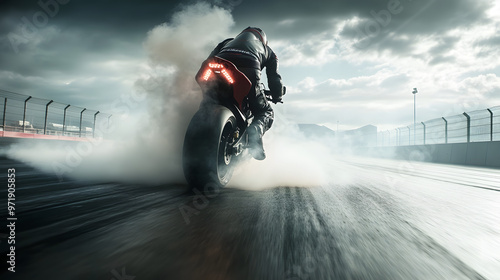 A sport motorcycle rider taking off from the grid in a drag race with smoke rising from the rear tire as it grips the track.