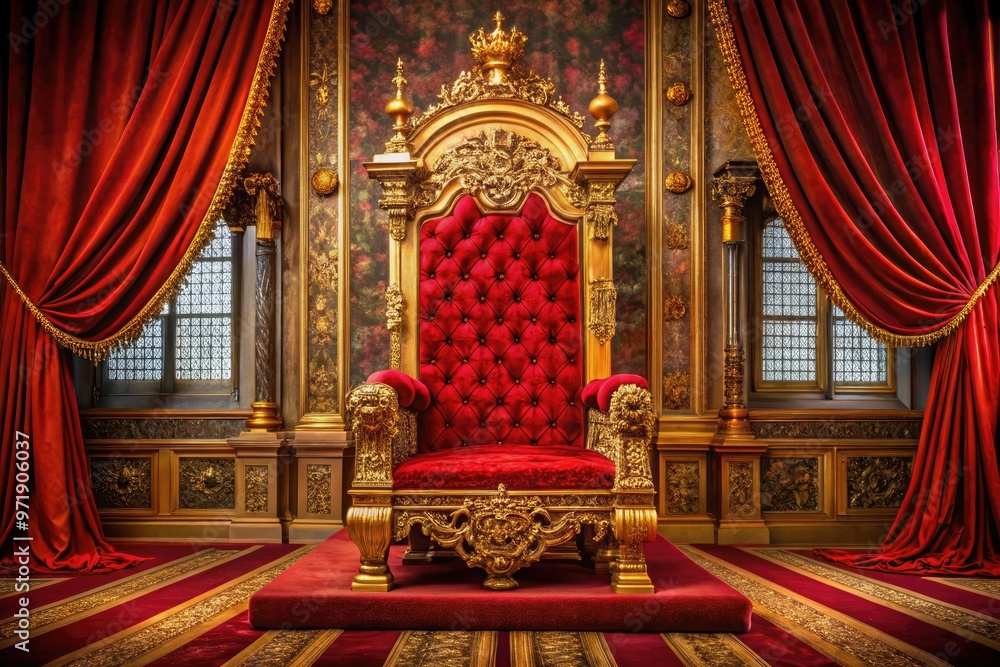 Ornate golden throne with lavish red velvet drapes, adorned with regal crests and crowns, sitting atop a richly patterned floor in a grand, dimly lit chamber.
