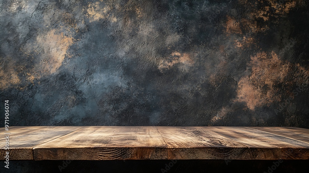 empty wooden oak tabletop with dark black cement stone background for product displayed in rustic mood and tone luxury background for product stand with empty copy space for party prom : Generative AI empty wooden oak tabletop with dark black cement stone background for product displayed in rustic mood and tone luxury background for product stand with empty copy space for party prom : Generative AI
