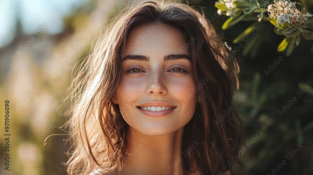 Smiling Woman with Brown Hair in Nature Smiling Woman with Brown Hair in Nature