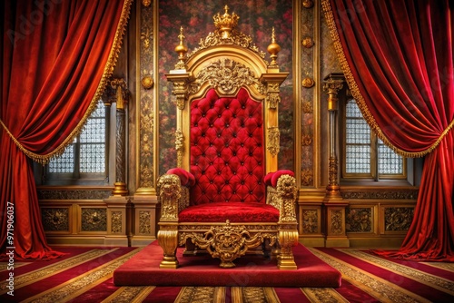 Ornate golden throne with lavish red velvet drapes, adorned with regal crests and crowns, sitting atop a richly patterned floor in a grand, dimly lit chamber. photo