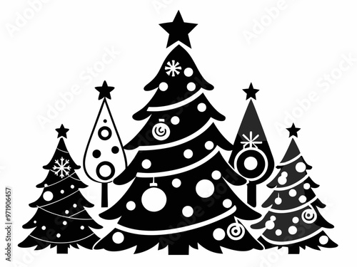 Christmas Tree Designs From Simple to Elaborate Decorations with Ornaments, Lights, and Stars.