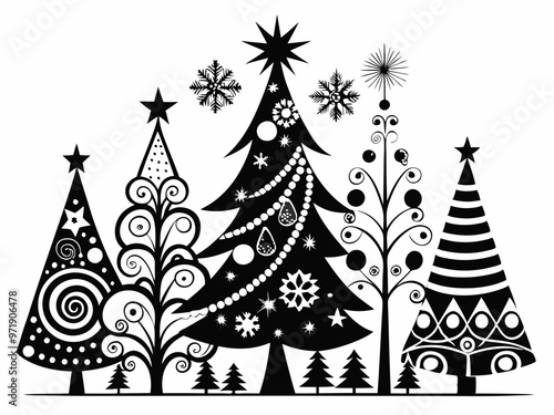 Christmas Tree Designs From Simple to Elaborate Decorations with Ornaments, Lights, and Stars.