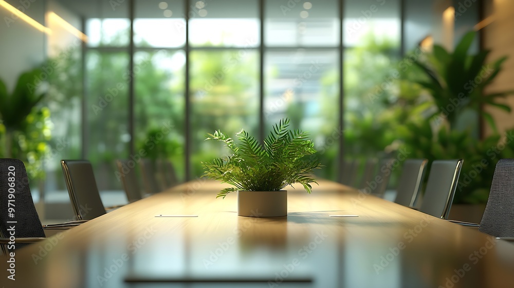 interior photo of contemporary empty conference room with loads of green fresh plants in pots : Generative AI interior photo of contemporary empty conference room with loads of green fresh plants in pots : Generative AI