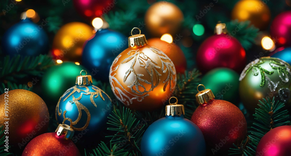 Glowing Christmas tree ornaments abstract background Glowing Christmas tree ornaments abstract background
