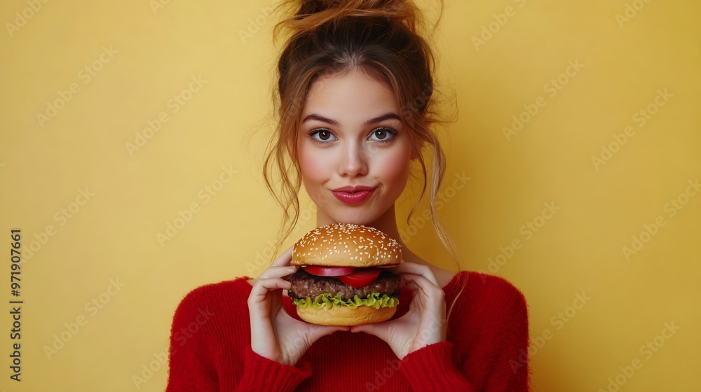 Hungry Woman Choosing Between Apple And Hamburger Standing In Studio On Yellow Background Healthy Vs Junk Food : Generative AI Hungry Woman Choosing Between Apple And Hamburger Standing In Studio On Yellow Background Healthy Vs Junk Food : Generative AI