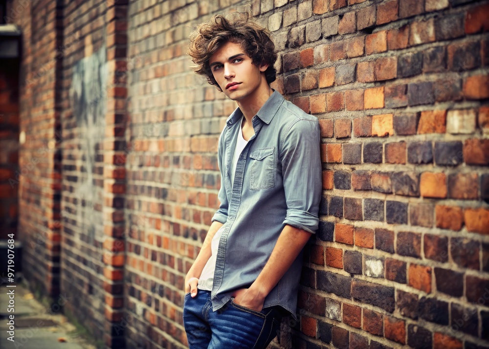 Relaxed young adult with casual attire and messy hair leans against a worn brick wall, exuding a laid-back atmosphere with a hint of urban grit. Relaxed young adult with casual attire and messy hair leans against a worn brick wall, exuding a laid-back atmosphere with a hint of urban grit.