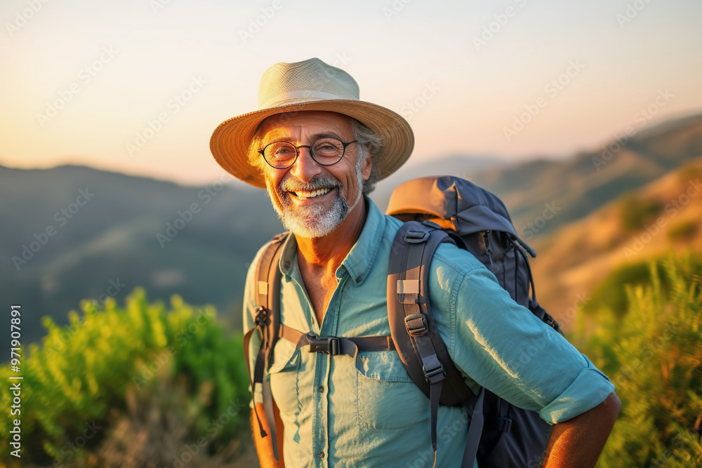 Smiling senior Mexican American man enjoys hiking at sunset in the mountains Smiling senior Mexican American man enjoys hiking at sunset in the mountains