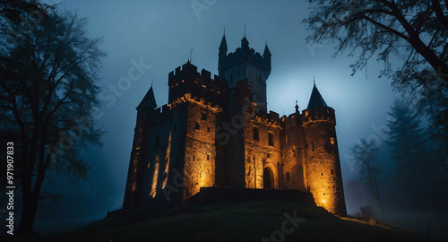 Foggy haunted castle night abstract background