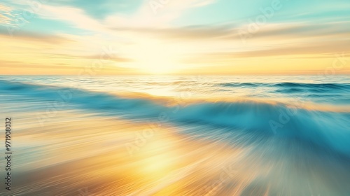 Sunset on the beach abstract Motion blur abstract seascape in light turquoise and yellow colors copy space : Generative AI