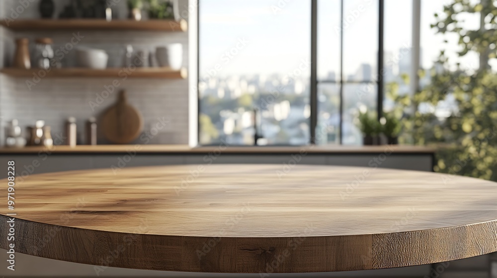 Empty beautiful round wood tabletop counter on interior in clean and bright kitchen background Ready for display Banner for product montage : Generative AI Empty beautiful round wood tabletop counter on interior in clean and bright kitchen background Ready for display Banner for product montage : Generative AI