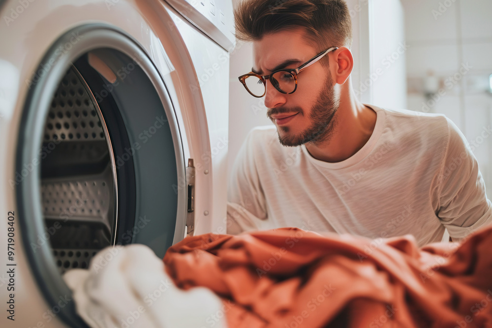 A young man checks his laundry as he takes clothes out of the washing machine at home A young man checks his laundry as he takes clothes out of the washing machine at home