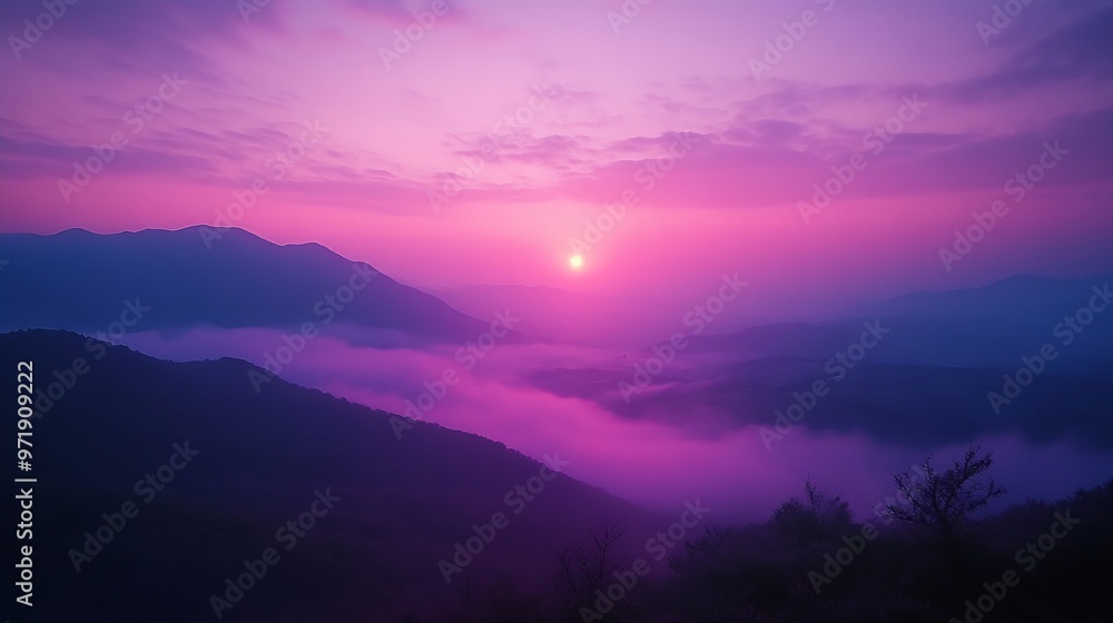 Naklejka premium Romantic landscape sunset foggy mountain in evening twilight Beautiful landscape foggy hills twilight time Beautiful Purple sky sunrise dramatic landscape mountain Dawn sky dusk time c : Generative AI