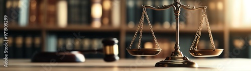 Scales of justice and gavel in a courtroom with law books in the background, representing law, justice, and legal proceedings.