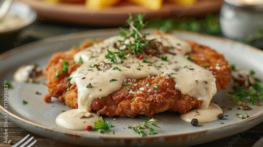 A delicious chicken cutlet covered in breading and honey mustard sauce, ready to be savored. A delicious chicken cutlet covered in breading and honey mustard sauce, ready to be savored.