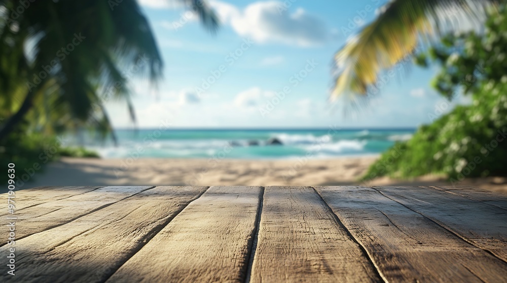 Blurred summer beach scene behind a wooden table ideal for placing summer advertising products and conducting presentations on the table : Generative AI Blurred summer beach scene behind a wooden table ideal for placing summer advertising products and conducting presentations on the table : Generative AI