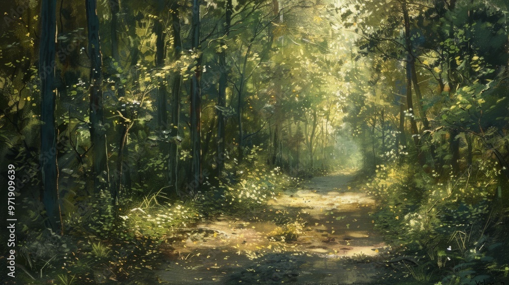 Obraz premium Path through a forest at sunset generative ai