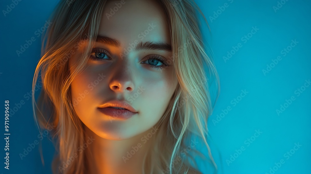 Young female with fair hair looking at camera against blue backdrop in studio with neon illumination : Generative AI Young female with fair hair looking at camera against blue backdrop in studio with neon illumination : Generative AI